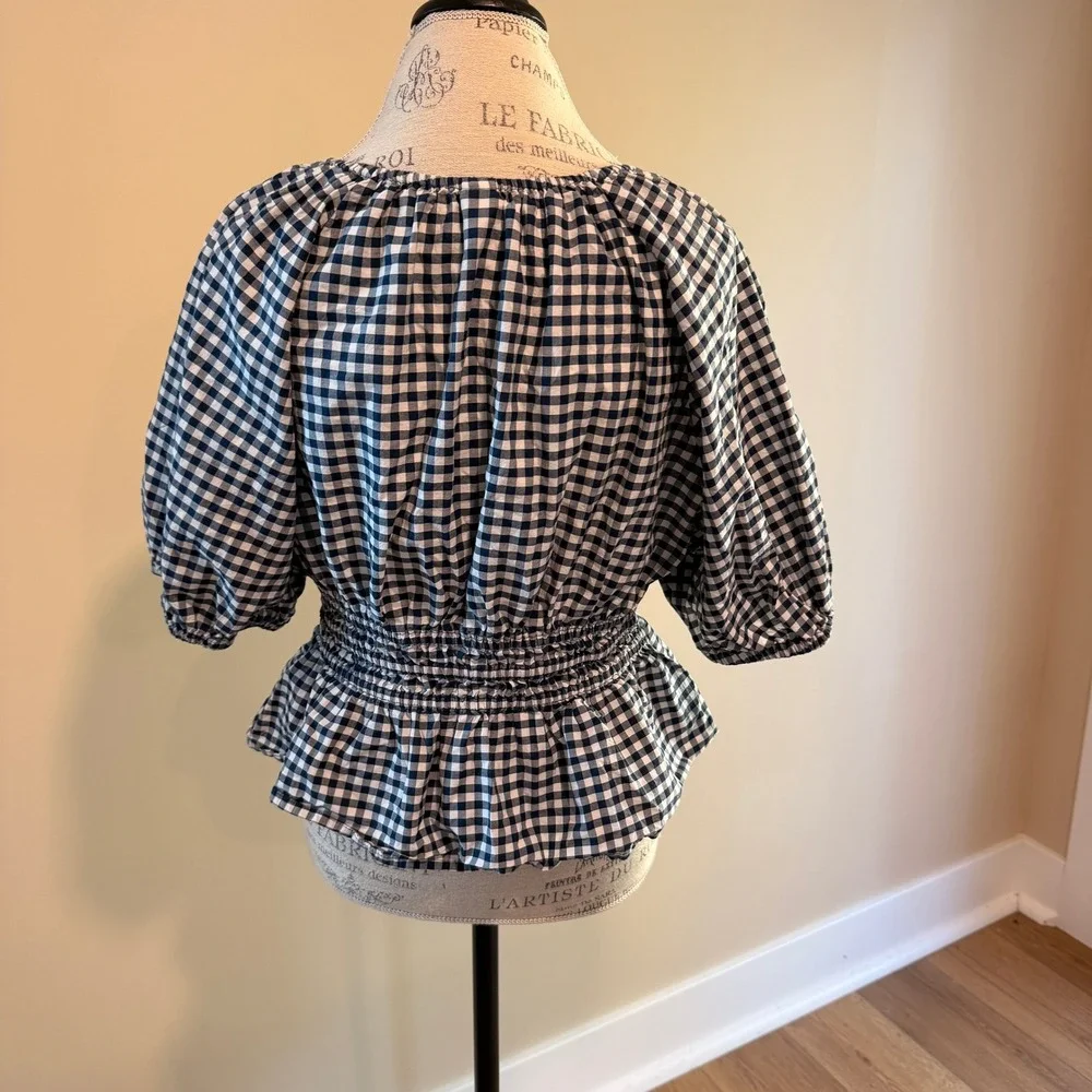 Old Navy Women's Blue/White Gingham Smocked Peplum Hem And Puff Sleeves Size L
